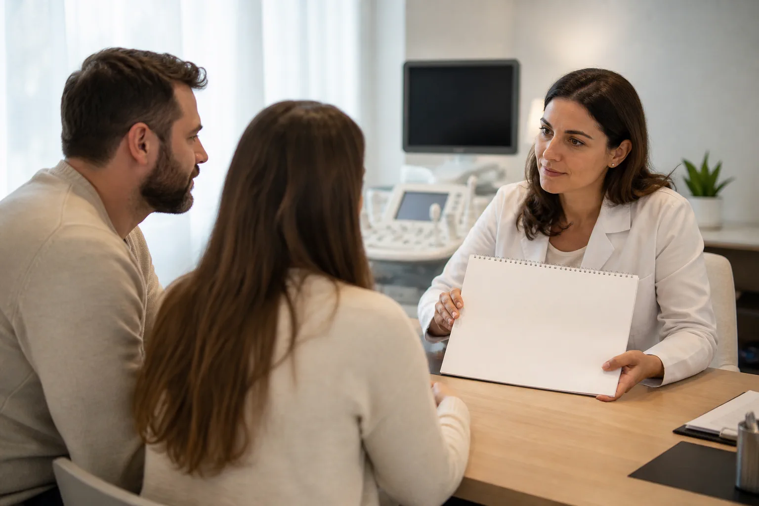 Couple échangeant avec une professionnelle de santé dans un cabinet