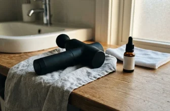 Masseur noir et flacon huile essentielle salle bain
