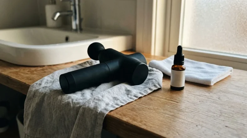 Masseur noir et flacon huile essentielle salle bain