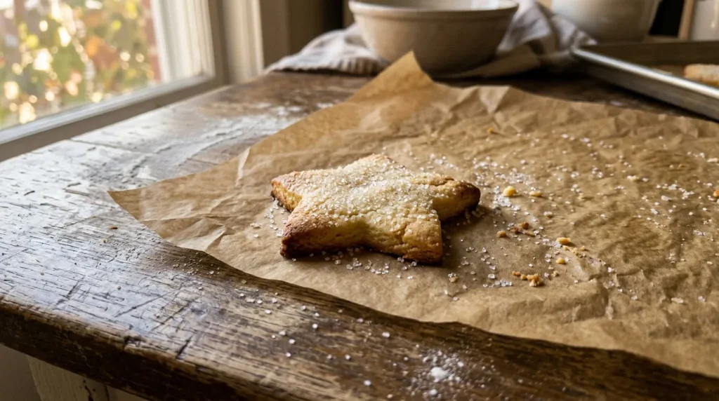 Biscuit en forme d'étoile saupoudré de sucre sur papier parchemin