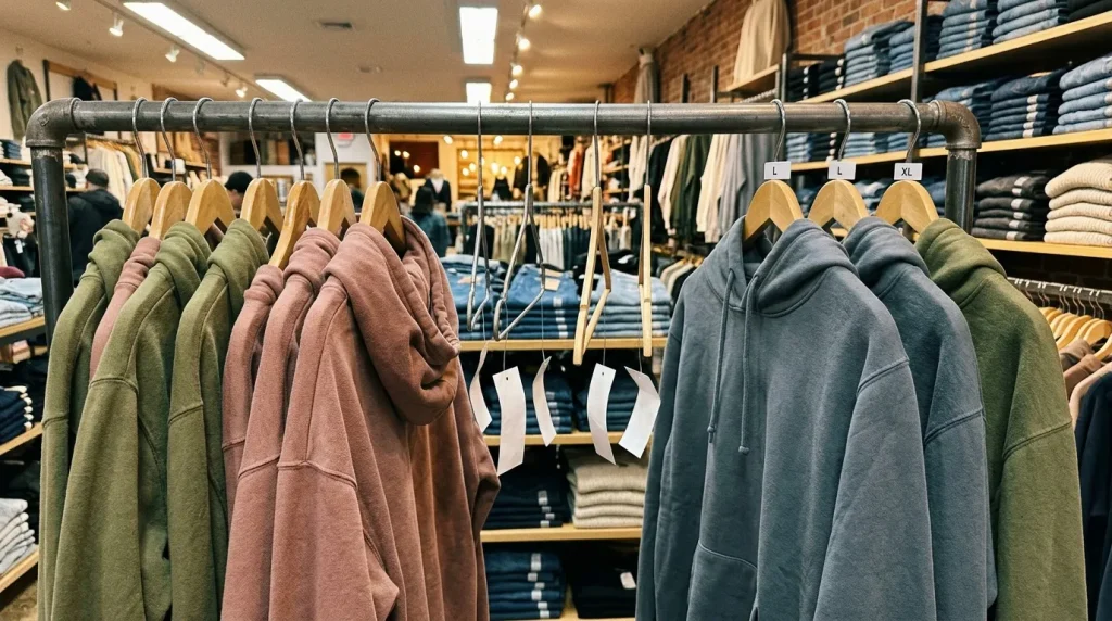 Vêtements colorés suspendus à des cintres en magasin