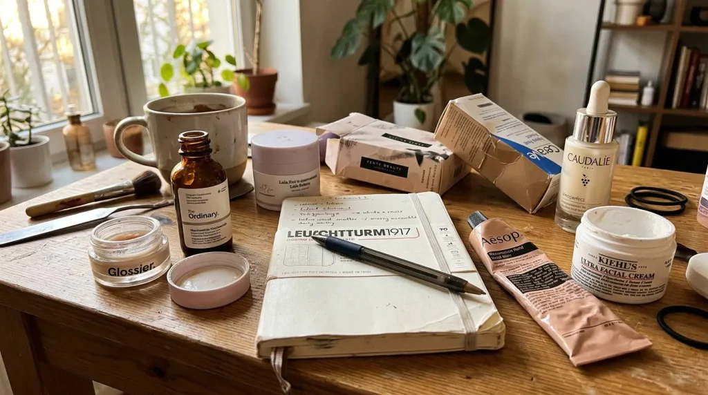 Produits de soin et carnet sur bureau en bois lumineux