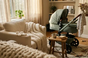 Salon aménagé pour bébé avec poussette verte et fauteuil crème