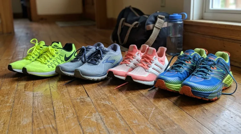 Six paires de chaussures de sport alignées sur parquet