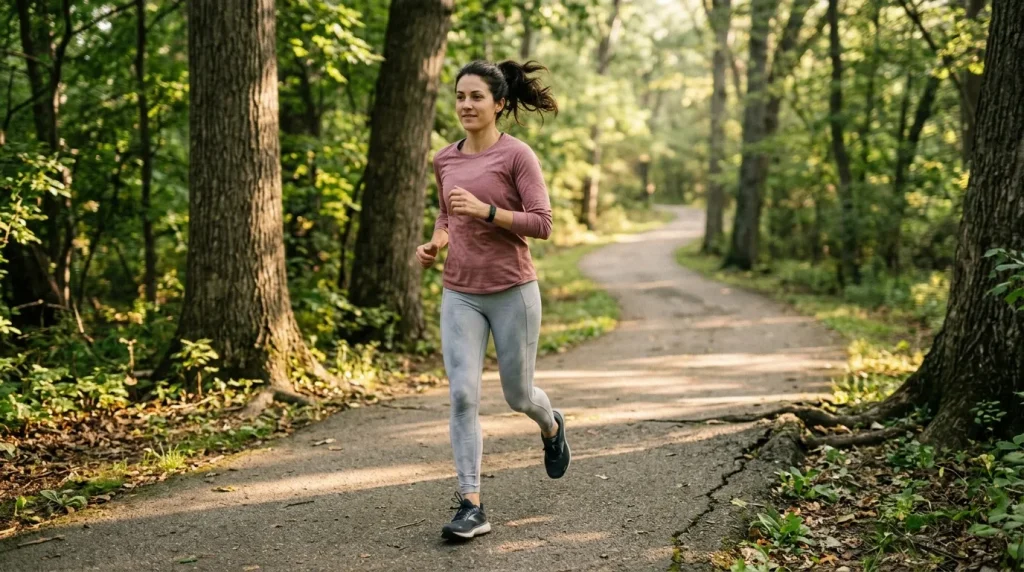 Femme jogging seule sur chemin forestier boisé