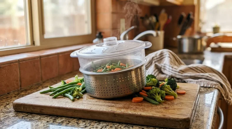 Panier vapeur avec légumes cuits sur planche en bois