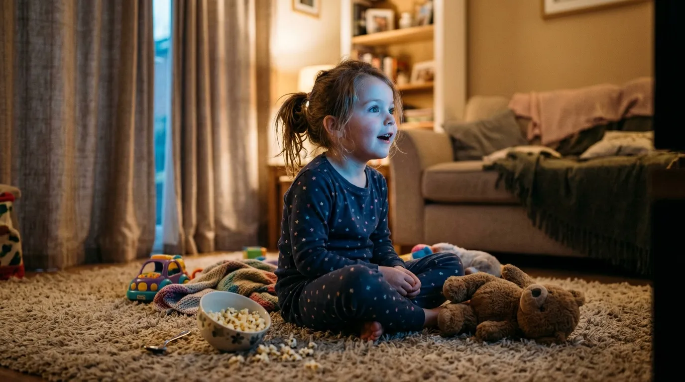 Petite fille assise sur un tapis regardant la télévision