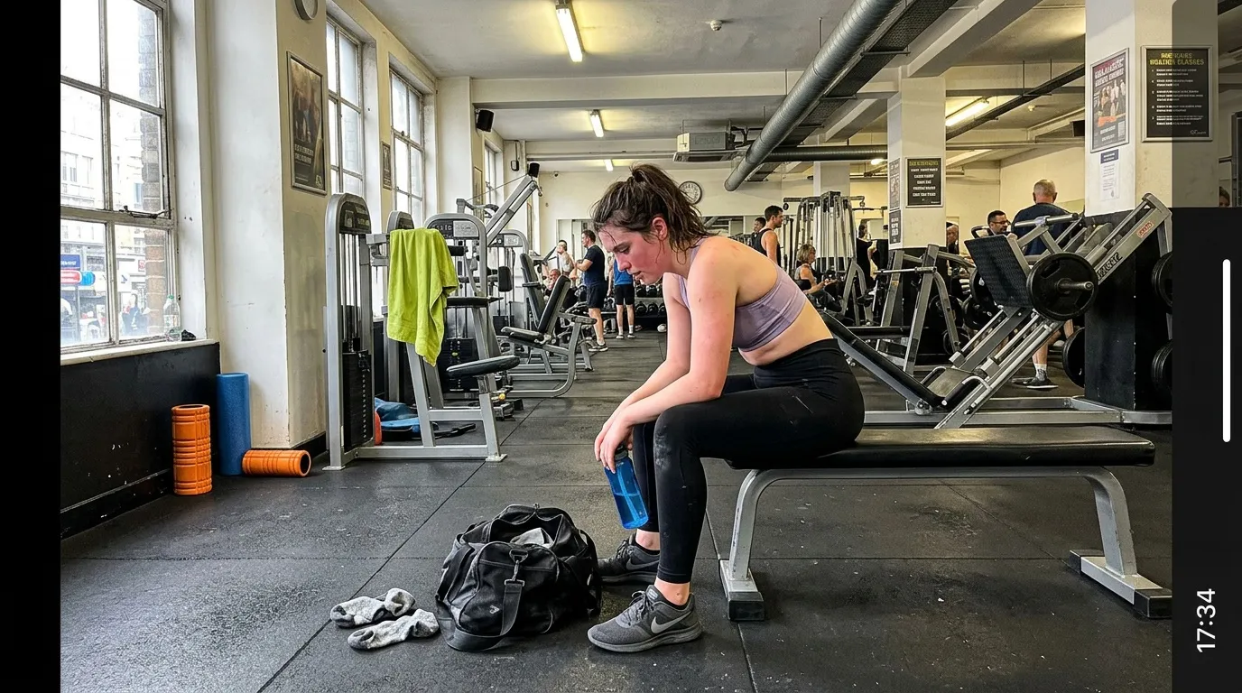 Une adulte est assise sur un banc de musculation dans une salle générique.