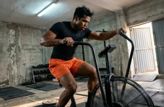 Homme musclé s'entraînant sur un vélo d'air en gym