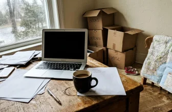 Bureau avec ordinateur, café et cartons de déménagement