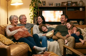 Famille heureuse réunie sur canapé devant télévision
