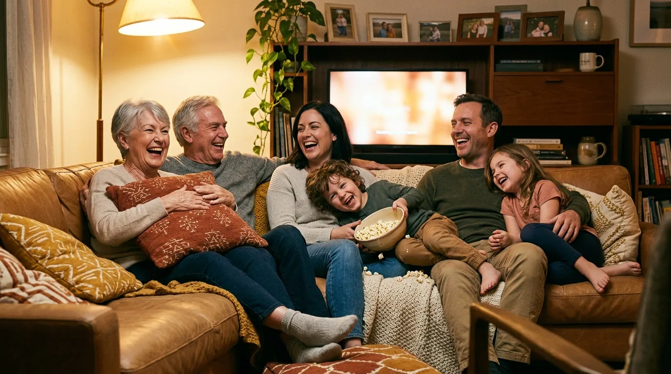 Famille heureuse réunie sur canapé devant télévision
