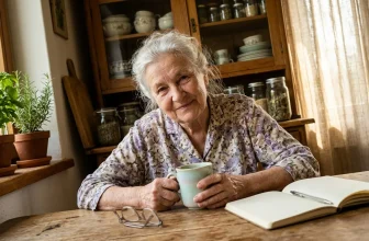 Femme âgée souriante tenant une tasse, lisant à sa table