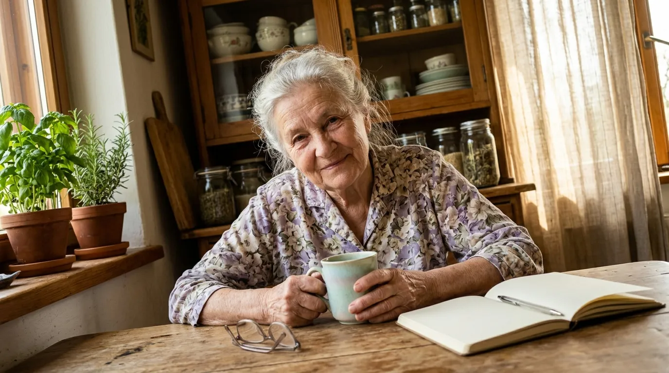 Femme ùgée tenant une tasse devant un livre ouvert