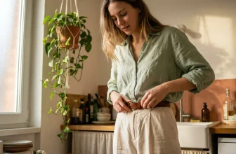 Femme en chemise verte s'ajuste une ceinture marron en cuisine