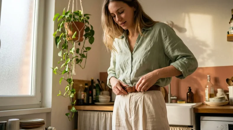 Femme en chemise verte s'ajuste une ceinture marron en cuisine