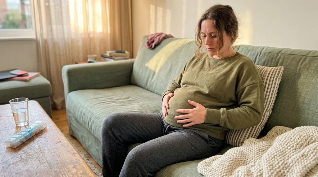 Femme enceinte assise sur un canapé, tenant son ventre