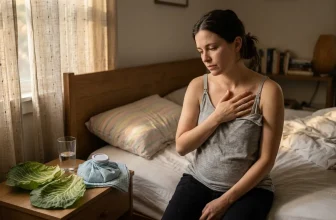 Femme enceinte assise sur lit, main sur poitrine, expression préoccupée