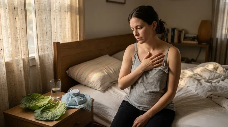 Femme enceinte assise sur lit, main sur poitrine, expression préoccupée