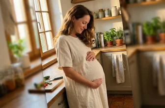 Femme enceinte touchant son ventre dans une cuisine lumineuse
