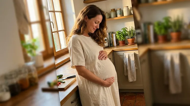 Femme enceinte touchant son ventre dans une cuisine lumineuse
