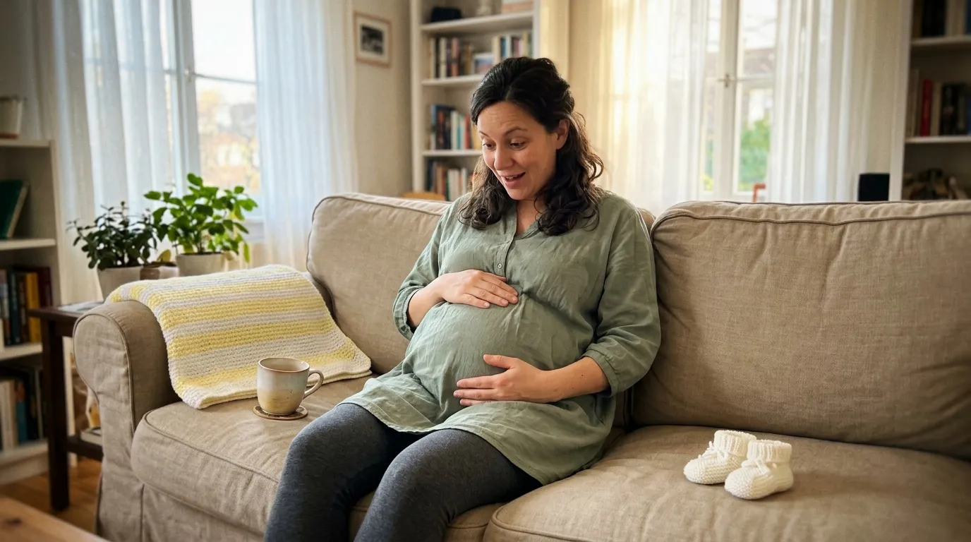 Personne enceinte assise sur un canapé à domicile