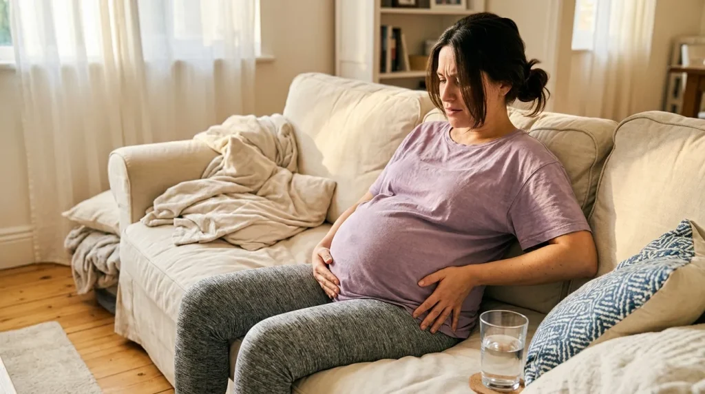 Femme enceinte assise sur canapé, tenant son ventre