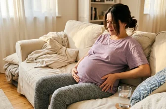 Femme enceinte assise sur canapé, tenant son ventre