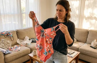 Femme tenant un maillot de bain fleuri sur un canapé.
