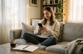 Femme souriante assise sur canapé utilisant smartphone