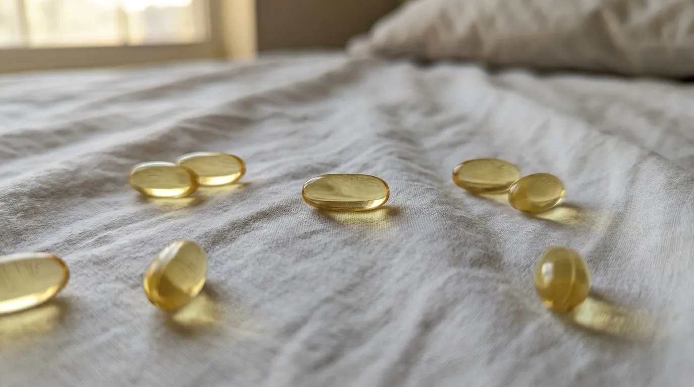 Gélules de compléments alimentaires posées sur un tissu