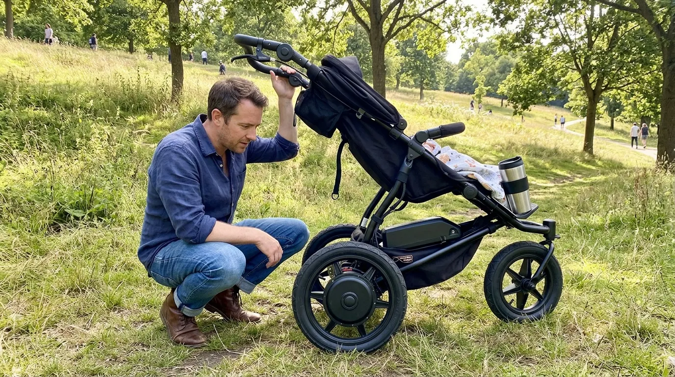 Un adulte examine une poussette noire générique en extérieur.