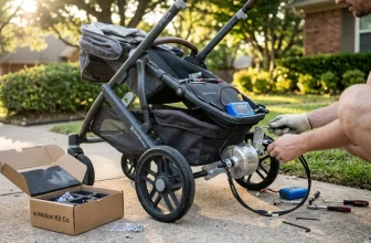 Homme installe moteur électrique sur poussette e-Motion Kit Co