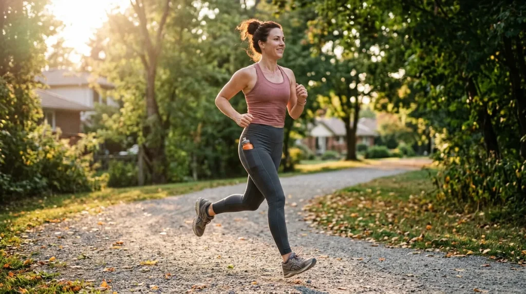 Femme en tenue de sport court le long d'une allée arborée.