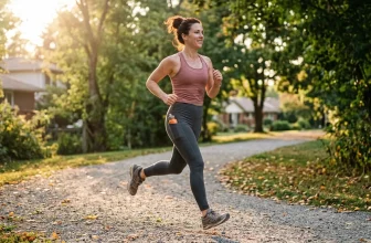 Femme en tenue de sport court le long d'une allée arborée.
