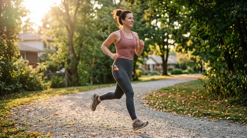 Femme en tenue de sport court le long d'une allée arborée.