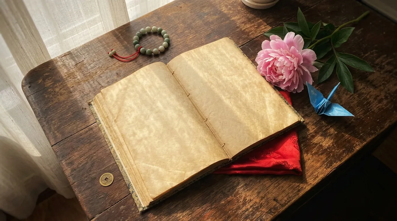 Un livre ancien ouvert est posé sur une table avec une fleur.