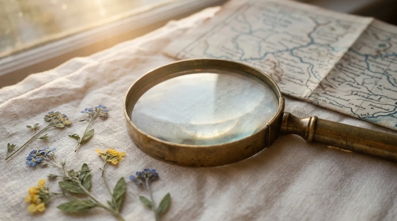 Loupe en laiton sur tissu avec fleurs séchées et carte.