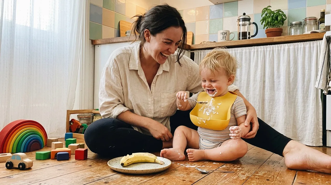Mère assise au sol avec son jeune enfant près de grands jouets en bois