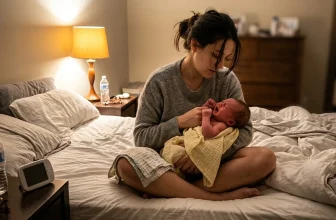 Femme tenant un bébé nouveau-né sur un lit.
