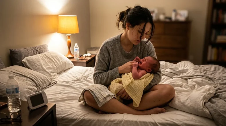 Femme tenant un bébé nouveau-né sur un lit.