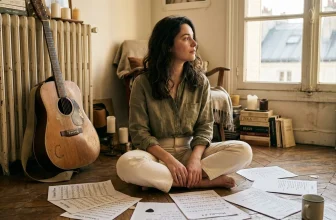 Femme assise avec partitions musicales et guitare acoustique