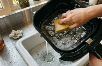 Personne rinçant le panier d'une friteuse sous l'eau