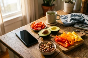 Table avec fruits frais, noix, thé et smartphone près fenêtre