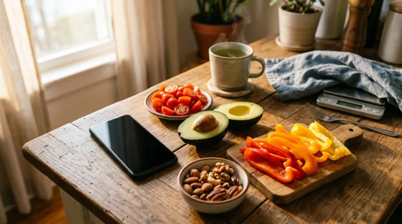 Table avec fruits frais, noix, thé et smartphone près fenêtre