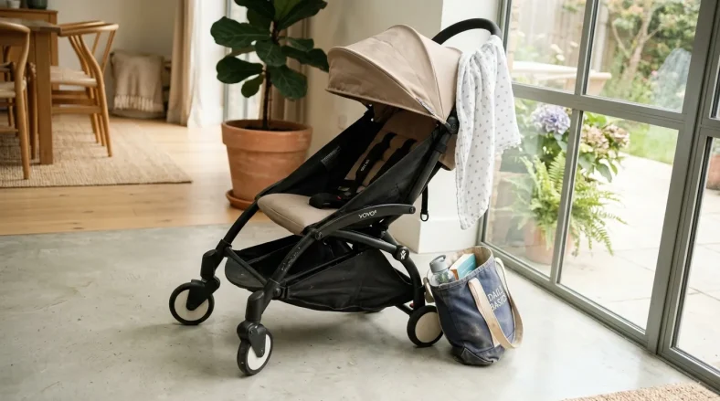 Poussette beige et noire près de portes vitrées avec plante
