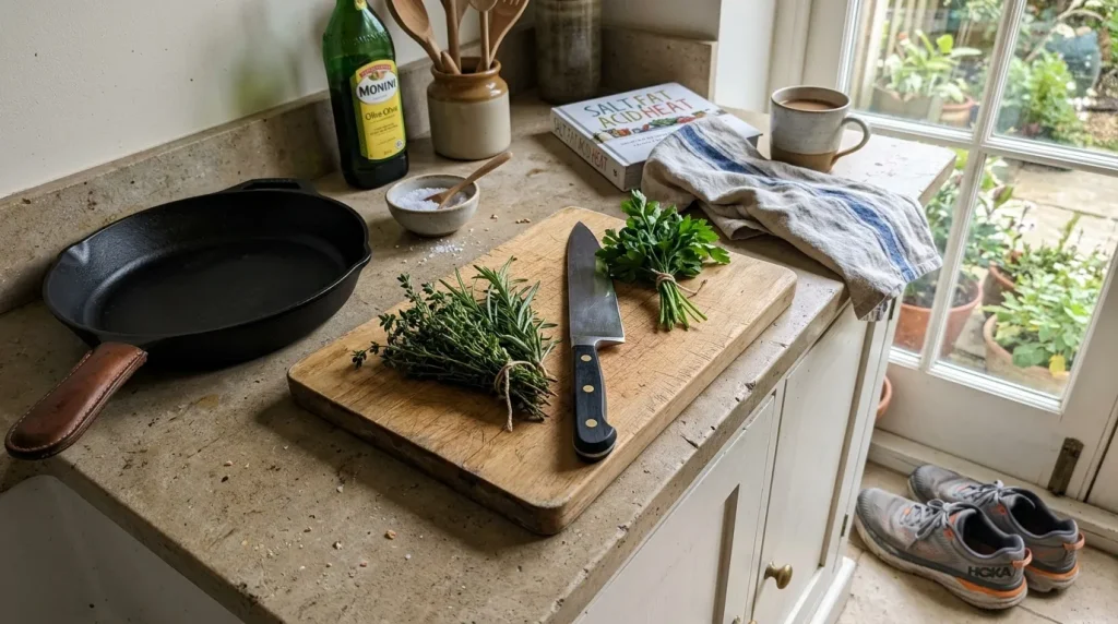 Plan de travail avec herbes fraîches, couteau et poêle noire