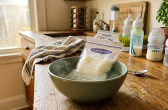 Sac de lait Lansinoh dans un bol d'eau chaude, fournitures bébé