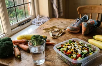 Table avec salade, légumes frais, baskets et mètre de couture
