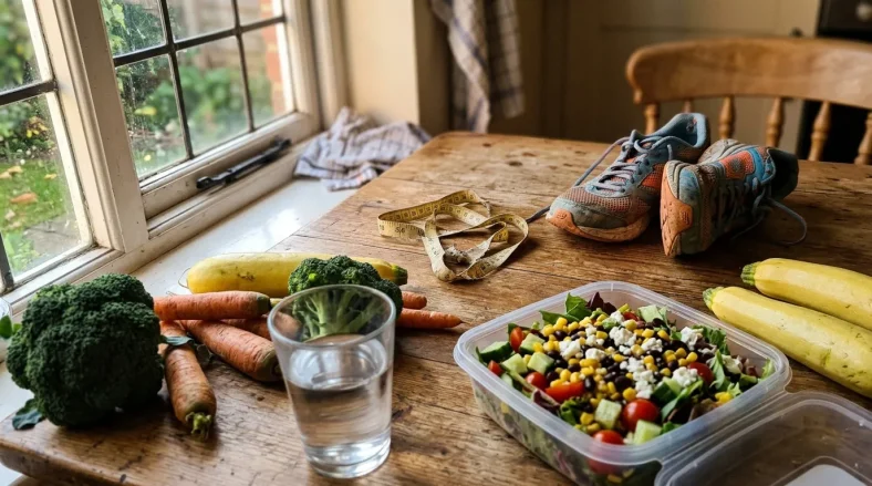 Table avec salade, légumes frais, baskets et mètre de couture